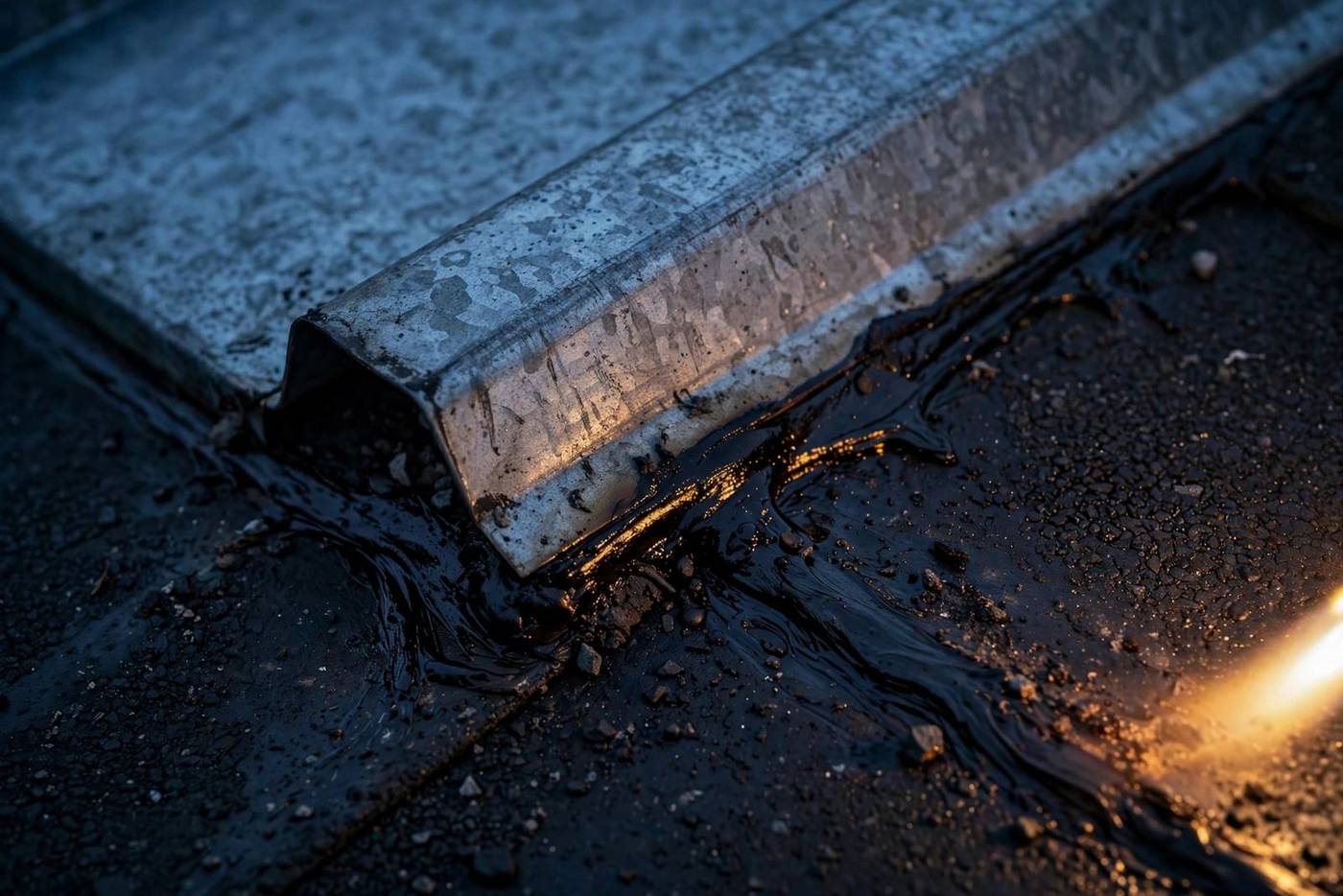 Galvanized flashing set into melted bitumen along a roof edge