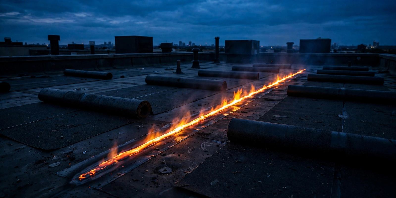 Torch-down membrane rolls on a flat roof at dusk, seams being sealed